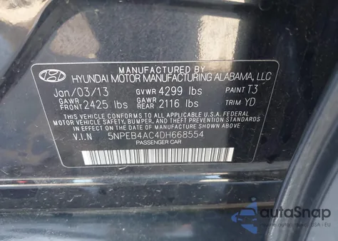 2013 Hyundai Sonata Gls z USA, uszkodzony, nr VIN 5NPEB4AC4DH668554